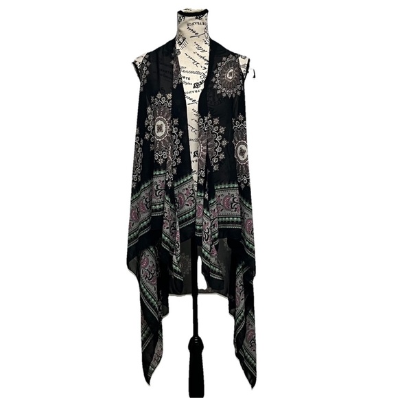 Kimono Cardigan Blouse Chiffon Paisley  Boho Beach Sheer Long Lined Coastal Goth - Picture 1 of 8